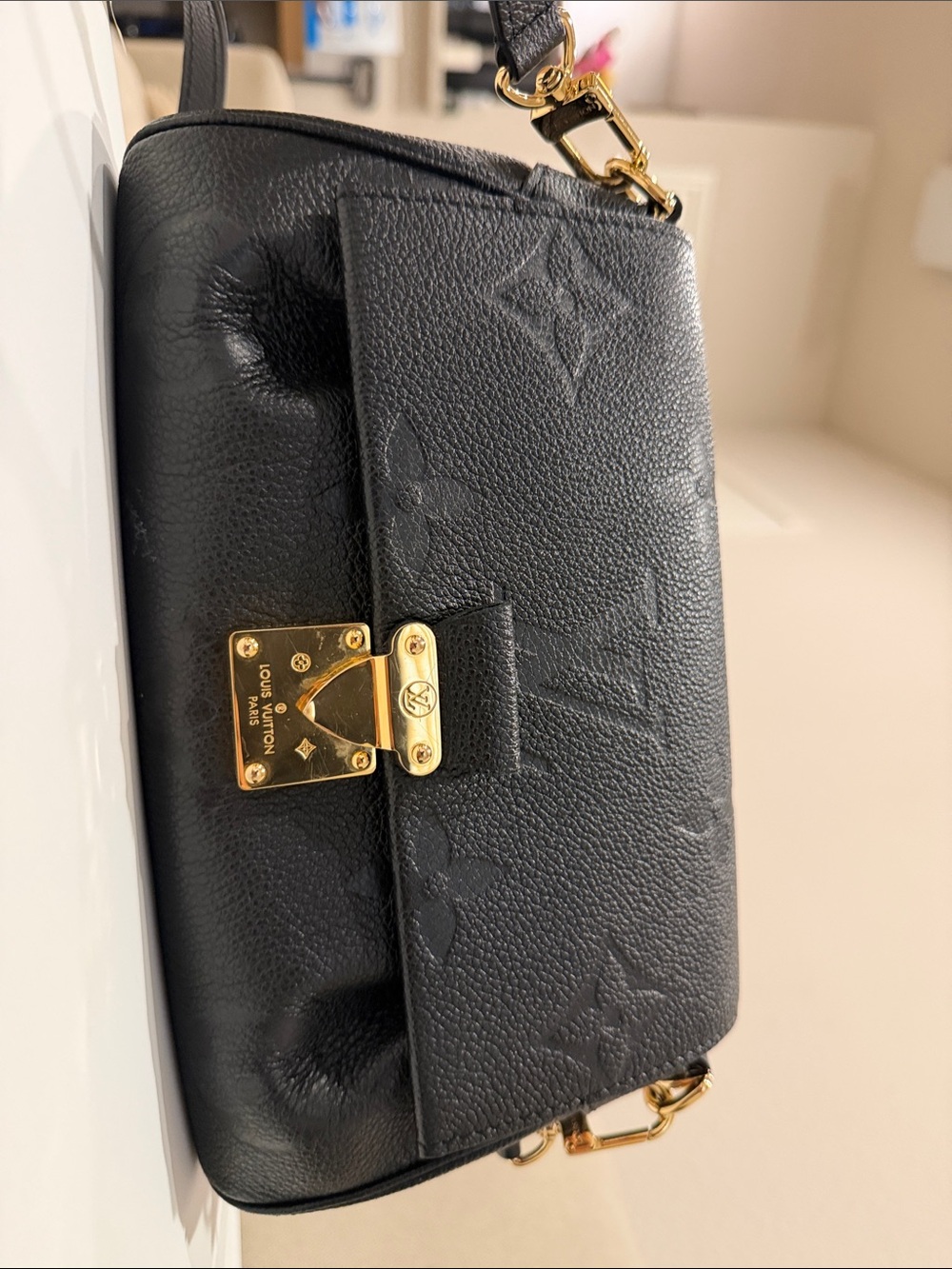 Louis Vuitton Black Embossed Monogram Shoulder Bag with Gold Hardware